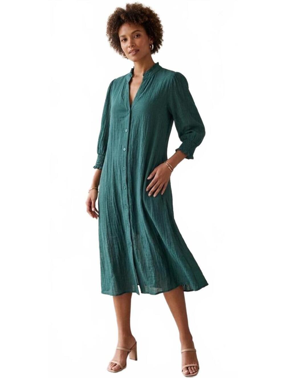 mlle gabrielle Green Button-Down Midi Dress 3/4 Sleeves L